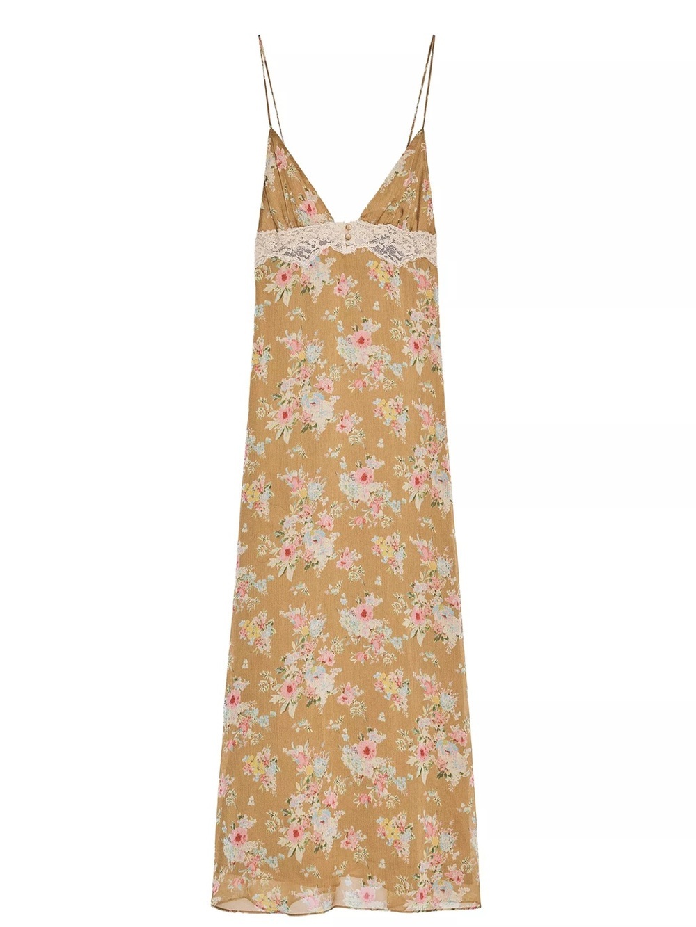 Zara Floral Lace-Trim Slip Dress in Camel. xs NWOT